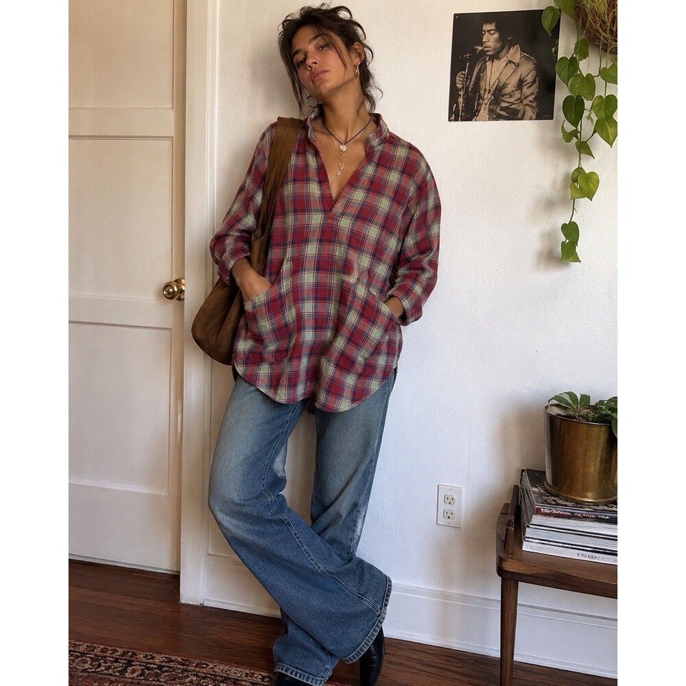 CP Shades Plaid Tunic Shirt XS Red Blue Cotton USA Double Layer Coast Boho Chic